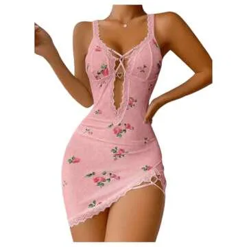 SHENHE Women's Ribbed Deep V Neck Floral Print Lace Trim Sexy Nightgown Chemise Slip Dress Pink Flower Small