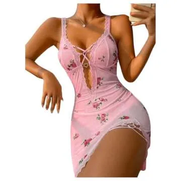 SHENHE Women's Ribbed Deep V Neck Floral Print Lace Trim Sexy Nightgown Chemise Slip Dress Pink Flower Small