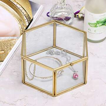 Hipiwe Vintage Glass Jewelry Box - Golden Hexagonal Jewelry Display Organizer Keepsake Box Home Deco...