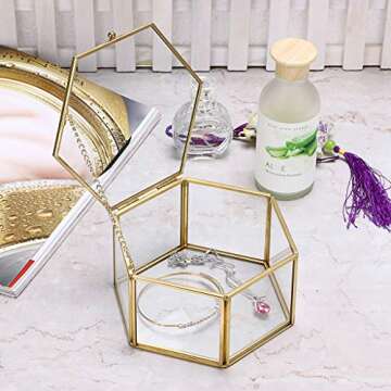 Hipiwe Vintage Glass Jewelry Box - Golden Hexagonal Jewelry Display Organizer Keepsake Box Home Decorative Box Case for Storage Trinket Ring Earring Chest,Large