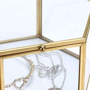 Hipiwe Vintage Glass Jewelry Box - Golden Hexagonal Jewelry Display Organizer Keepsake Box Home Decorative Box Case for Storage Trinket Ring Earring Chest,Large