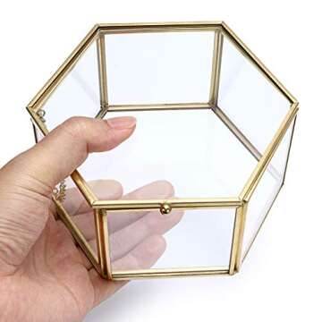 Hipiwe Vintage Glass Jewelry Box - Golden Hexagonal Jewelry Display Organizer Keepsake Box Home Decorative Box Case for Storage Trinket Ring Earring Chest,Large