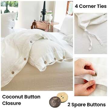 Simple&Opulence 100% Linen Duvet Cover Set 3pcs with Coconut Button Closure Natural French Washed Flax Solid Color Soft Breathable Farmhouse Bedding - White, King Size