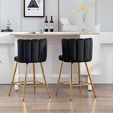Velvet 26" Counter Height Barstools Set of 4 Modern Kitchen Stools Upholstered Bar Stool Chairs with Gold Metal Legs for Kitchen Island/Breakfast Bar/Restaurant, Black