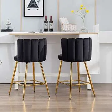 Velvet 26" Counter Height Barstools Set of 4 Modern Kitchen Stools Upholstered Bar Stool Chairs with Gold Metal Legs for Kitchen Island/Breakfast Bar/Restaurant, Black