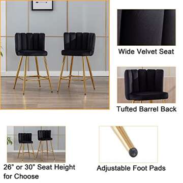 Velvet 26" Counter Height Barstools Set of 4 Modern Kitchen Stools Upholstered Bar Stool Chairs with Gold Metal Legs for Kitchen Island/Breakfast Bar/Restaurant, Black