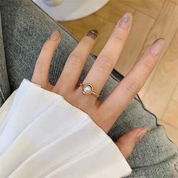 HOSICRON Pearl Ring for Women, 18K Gold Plated Womens Starburst Gold Rings for Bride Wedding Engagement Band Anniversary Birthday Jewelry for Women Fits Sizes 6 to 9 (8)