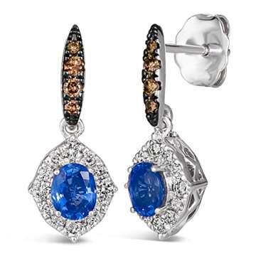 LE VIAN 1/3 Carat Diamond and 1/2 Carat Blue Sapphire Oval Halo Dangle Drop Earrings for Women in 14...