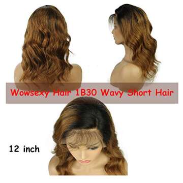 Wowsexy Hair Ombre 1B/30 Wavy Short Bob Lace Front Human Hair Wigs for African American Women Brazilian Virgin Hair Two Tone Lace Wigs with Pre-plucked Hairline (12 inch Lace Front Wig, 1B30 Wavy)