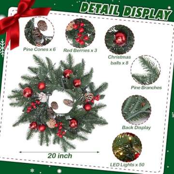 20 Inch Christmas Wreath with 50 Lights Timer (Battery Not Included) Small Christmas Wreaths for Fro...