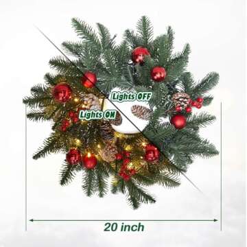 20 Inch Christmas Wreath with 50 Lights Timer (Battery Not Included) Small Christmas Wreaths for Front Door with Pine Cones Berries Red Balls Christmas Door Wreath Indoor Outdoor Wall Decoration