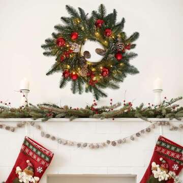 20 Inch Christmas Wreath with 50 Lights Timer (Battery Not Included) Small Christmas Wreaths for Front Door with Pine Cones Berries Red Balls Christmas Door Wreath Indoor Outdoor Wall Decoration