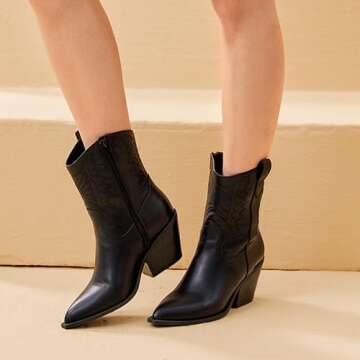 Women's Embroidered Western Cowboy Boots Short Ankle Stitching Cowgirl Boots Medium Heel Stacked Chunky Heel Pointed Toe Fashion Retro Classic Mid Calf Boot Slip-on, Black, 7 UK