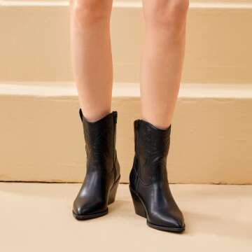 Women's Embroidered Western Cowboy Boots Short Ankle Stitching Cowgirl Boots Medium Heel Stacked Chunky Heel Pointed Toe Fashion Retro Classic Mid Calf Boot Slip-on, Black, 7 UK