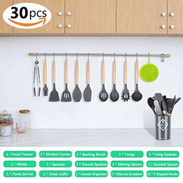 Kitchen Utensil Set,30 Pcs Silicone Cooking Utensils with Wooden Handles,Nonstick Cookware Utensils Kitchen Gadgets Set,Complete Kitchen Tools with Holder,Apartment Essentials Best Gifts