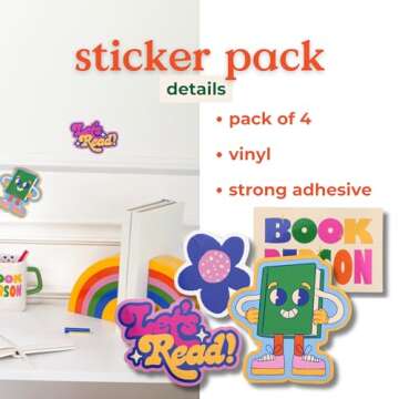 ban.do Colorful Vinyl Stickers, 4 Large Reading Stickers, Book Lovers Set