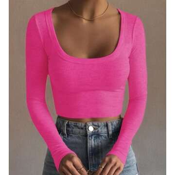 Artfish Women's Square Neck Long Sleeve Ribbed Slim Fitted Casual Basic Crop Top (Hot Pink, L)