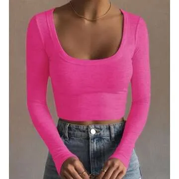 Artfish Women's Square Neck Long Sleeve Ribbed Slim Fitted Casual Basic Crop Top (Hot Pink, L)