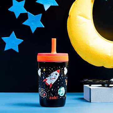Zak Designs Kelso Toddler Cups For Travel or At Home, 12oz Vacuum Insulated Stainless Steel Sippy Cup With Leak-Proof Design is Perfect For Kids (Spaceships)