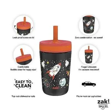 Zak Designs Kelso Toddler Cups For Travel or At Home, 12oz Vacuum Insulated Stainless Steel Sippy Cup With Leak-Proof Design is Perfect For Kids (Spaceships)