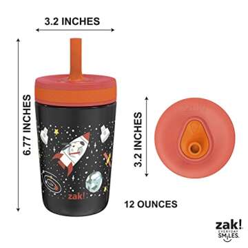 Zak Designs Kelso Toddler Cups For Travel or At Home, 12oz Vacuum Insulated Stainless Steel Sippy Cup With Leak-Proof Design is Perfect For Kids (Spaceships)