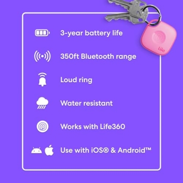 Tile by Life360 Mate (2024) Bluetooth Tracker, Keys Finder and Item Locator for Keys, Bags and More. Phone Finder. Both iOS and Android Compatible. 1-Pack (Pink Punch)