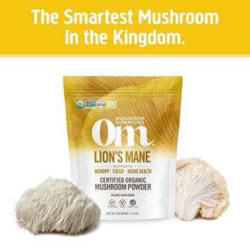 OM MUSHROOM SUPERFOOD Lion's Mane Organic Mushroom Powder, Improves Memory, Focus, Clarity, Nerve He...