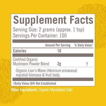 OM MUSHROOM SUPERFOOD Lion's Mane Organic Mushroom Powder, Improves Memory, Focus, Clarity, Nerve Health, and Mood Support, 7.05 oz, 100 Servings