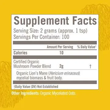 OM MUSHROOM SUPERFOOD Lion's Mane Organic Mushroom Powder, Improves Memory, Focus, Clarity, Nerve Health, and Mood Support, 7.05 oz, 100 Servings