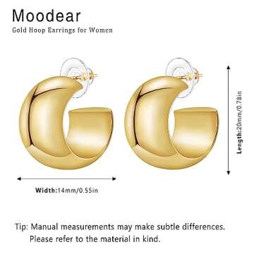 Moodear Small Chunky 14K Gold Plated Hoop Earrings - Thick Lightweight Hypoallergenic Earring for Women Trendy