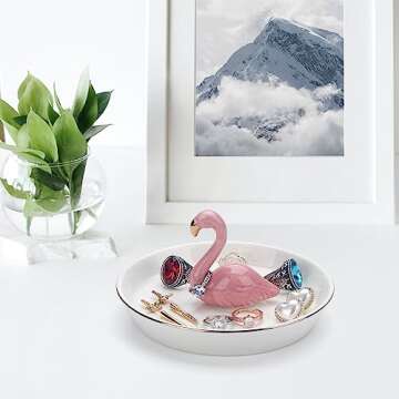 ERDOGLY Flamingo Ring Holder for Jewelry Dish, Trinket Tray Flamingo Gifts for Women Teen Girls, Pink Flamingo Decor Jewelry Plate Bathroom Ring Stand for Christmas, Wedding, Valentine, Mother's Day