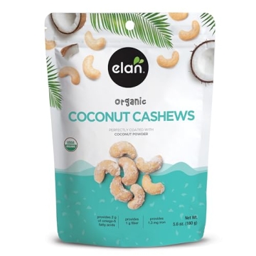 Elan Organic Coconut Cashews, 5.6 oz, Non-GMO, Gluten-Free, Vegan, Kosher, Glazed Nuts (Roasted Cash...