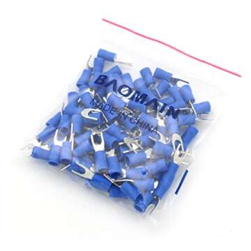 Baomain Insulated Fork Spade Wire Connector Electrical Crimp Terminal 14-16AWG(1.5-2.5 mmq) USA #8 Blue (100PCS)