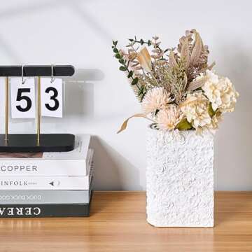 7.5 Inches White Book Vase for Flowers, 3D Floral Hand-Carved Vase for Bookend, Artificial Flowers Book Vase for Home Office Bookshelf Decor, Unique Cute Art Vase for Book Lovers