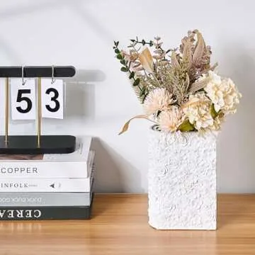 7.5 Inches White Book Vase for Flowers, 3D Floral Hand-Carved Vase for Bookend, Artificial Flowers Book Vase for Home Office Bookshelf Decor, Unique Cute Art Vase for Book Lovers
