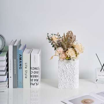 7.5 Inches White Book Vase for Flowers, 3D Floral Hand-Carved Vase for Bookend, Artificial Flowers Book Vase for Home Office Bookshelf Decor, Unique Cute Art Vase for Book Lovers