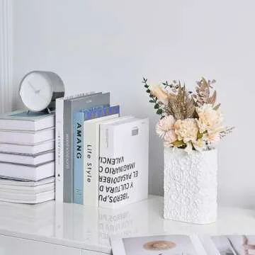 7.5 Inches White Book Vase for Flowers, 3D Floral Hand-Carved Vase for Bookend, Artificial Flowers Book Vase for Home Office Bookshelf Decor, Unique Cute Art Vase for Book Lovers