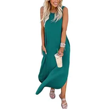 ANRABESS Women Casual Loose Sundress Sleeveless Split Maxi Long Beach Shirt Dress Travel Vacation 2025 Summer Outfits Teal Blue Small