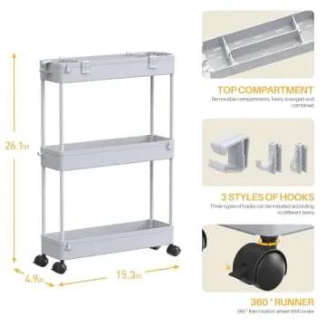 SPACELEAD Slim Storage Cart 3 Tier,Bathroom Organizer Rolling Utility,Mobile Shelving Unit Slide Out for Office, Kitchen, Laundry Room & Narrow Places,Gray