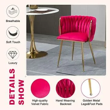 NIOIIKIT Modern Velvet Dining Chairs Set of 2 Hand Weaving Accent Chairs Living Room Chairs Upholstered Side Chair with Golden Metal Legs for Dining Room Kitchen Vanity (Rosered)