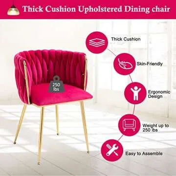 NIOIIKIT Modern Velvet Dining Chairs Set of 2 Hand Weaving Accent Chairs Living Room Chairs Upholstered Side Chair with Golden Metal Legs for Dining Room Kitchen Vanity (Rosered)