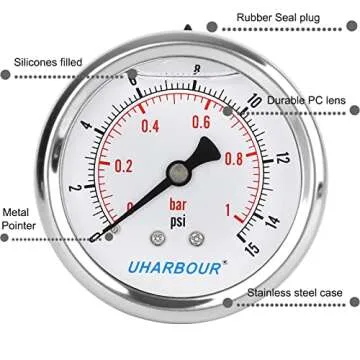UHARBOUR Glycerin Filled Low Pressure Gauge, Stainless Steel case, Brass Inside Construction, 2-1/2" dial, 1/4"NPT Connection