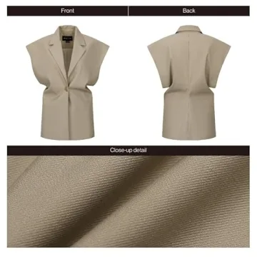 URBAN REVIVO Womens Sleeveless Blazer Vest V Neck Summer Casual Waistcoat Lapel Collar Button Up Tops for Women Khaki, Large