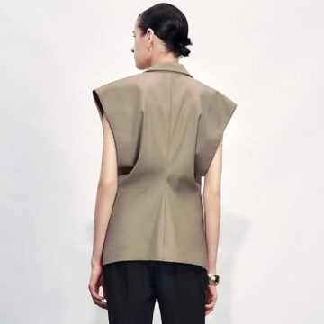 URBAN REVIVO Womens Sleeveless Blazer Vest V Neck Summer Casual Waistcoat Lapel Collar Button Up Tops for Women Khaki, Large