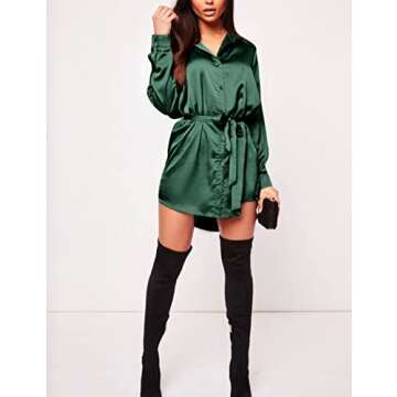 Zeagoo Womens Long Sleeve Shirt Dress Silk Button Down Dress Tie Waist Sexy Mini Short Dress Fall Dress,Green,Small