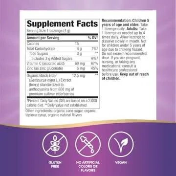 Nature's Way Organic Sambucus Zinc Lozenges with Elderberry & Vitamin C, 24 Vegan Lozenges (Pack of ...