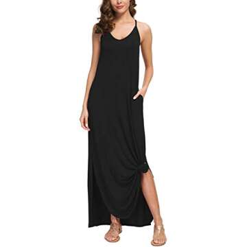GRECERELLE Women's Summer Casual Loose Dress Beach Cover Up Long Cami Maxi Dress with Pocket Black-Small