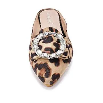 VYKF Women's Suede Leather Mules Mules for Woman Rhinestone Flats Comfortable Slip on Women Mule Shoe Leopard Size 9