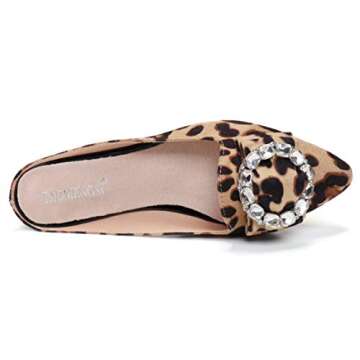 VYKF Women's Suede Leather Mules Mules for Woman Rhinestone Flats Comfortable Slip on Women Mule Shoe Leopard Size 9