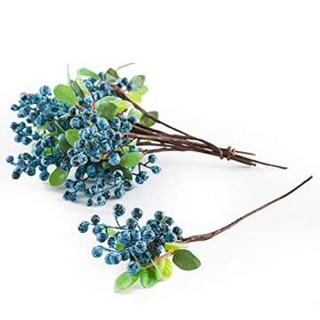 SHACOS Artificial Blue Berry Stems Pack of 20 Fake Blue Berries with Green Leaves 9.8 inch Fake Blue...